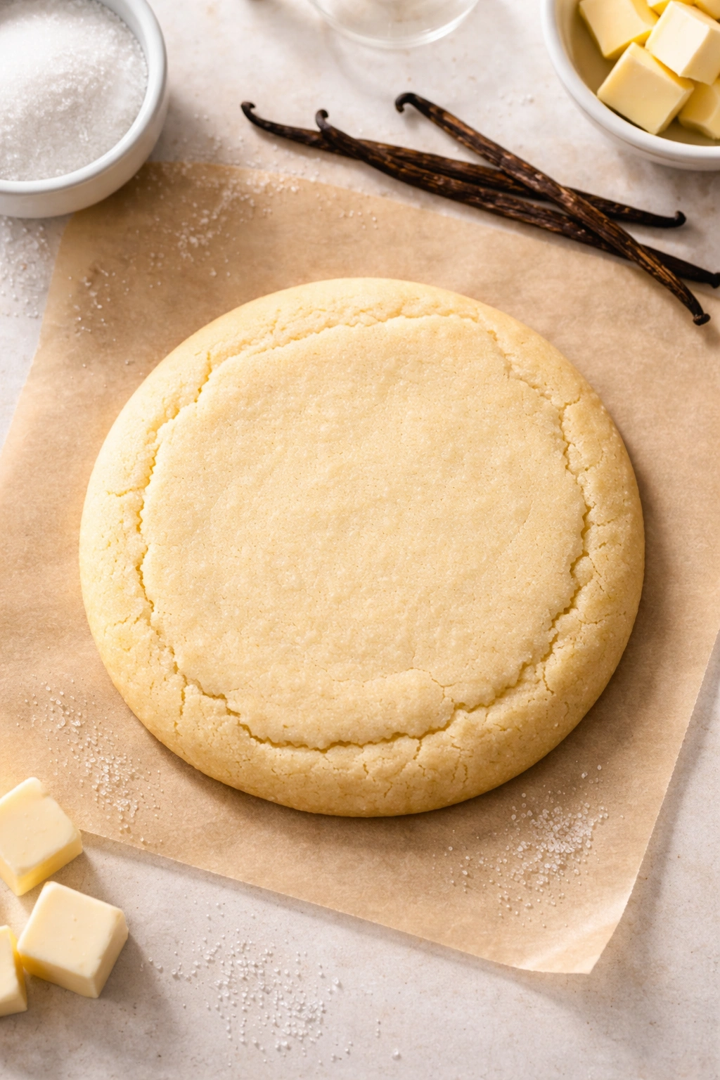 Large vanilla sugar cookie on parchment with subtle cracks