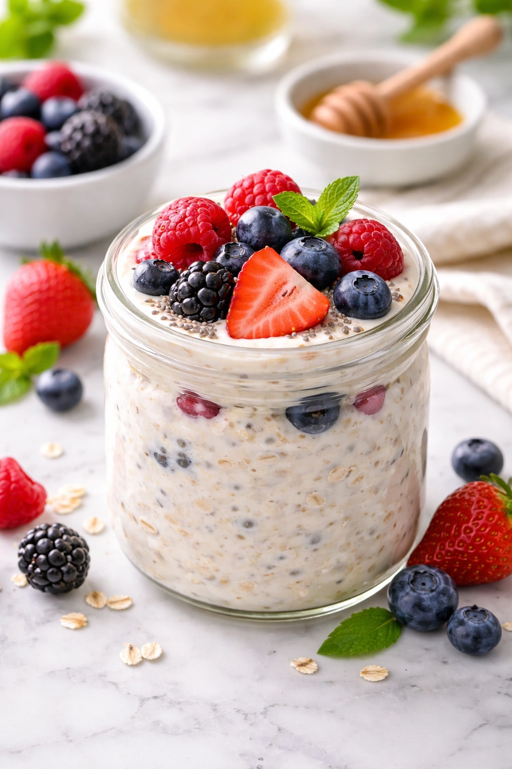 Creamy vanilla yogurt oats with fresh berries in a glass jar for breakfast