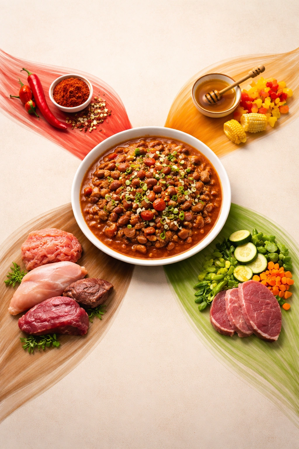 Minimalist plate with color ribbons representing chili variations and adaptations