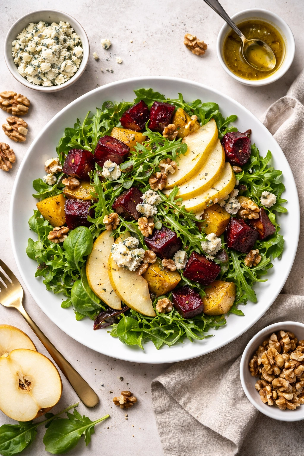 Plated gorgonzola salad variation with pears, walnuts, and roasted beets.