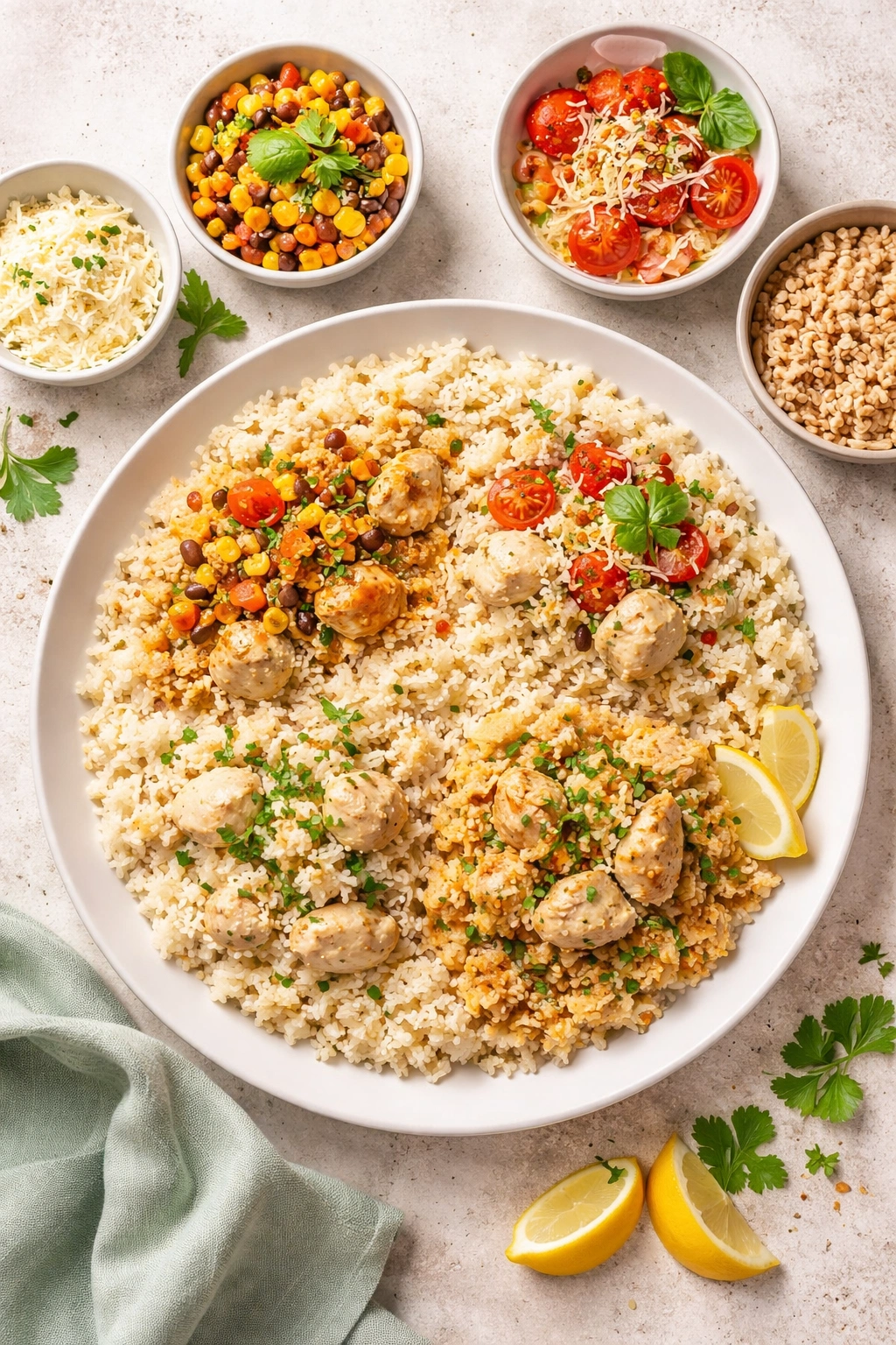 Plate of chicken and rice with two-tone sauce variations