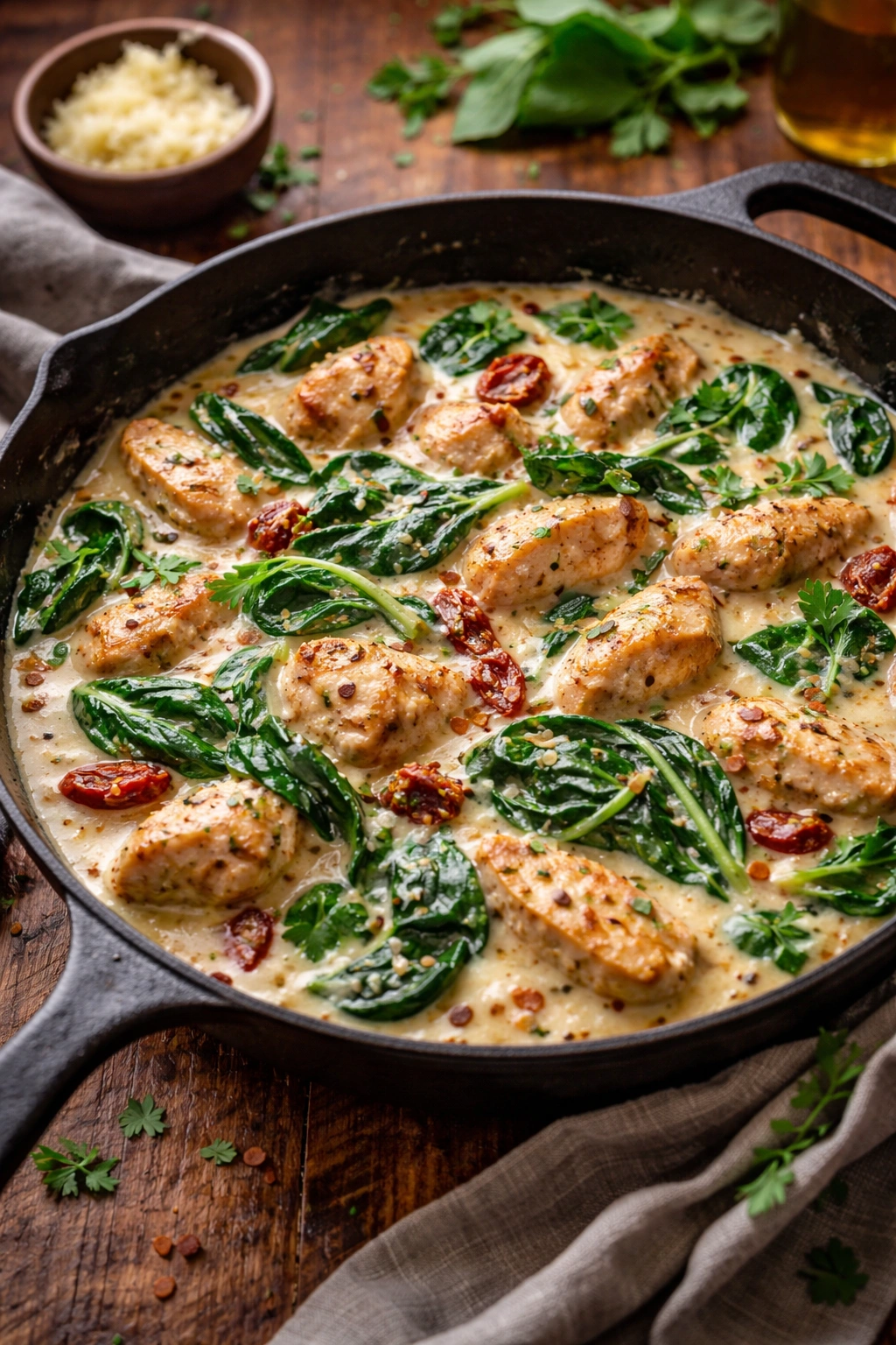 Skillet of creamy Tuscan sauce with chicken and spinach
