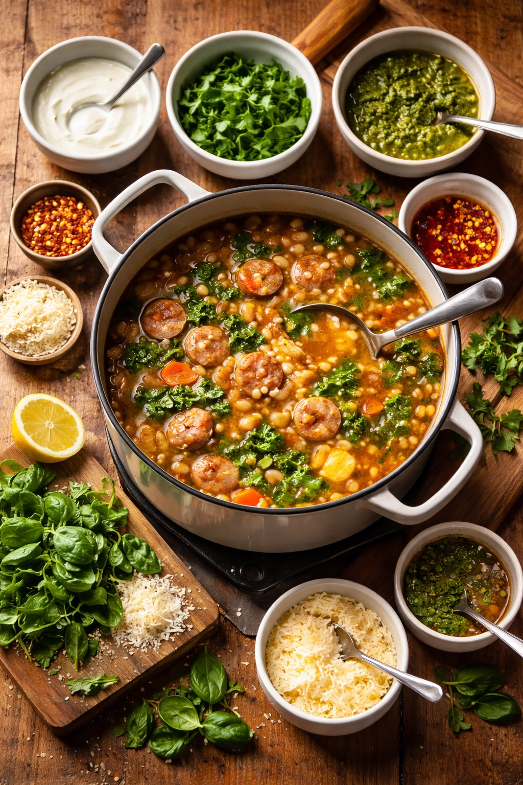 Soup with add-ins like cream, pesto, and chili oil arranged around the pot