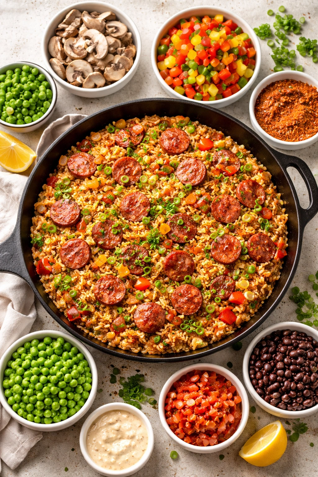 Skillet with rice and sausage and colorful add-ins like mushrooms peppers peas beans