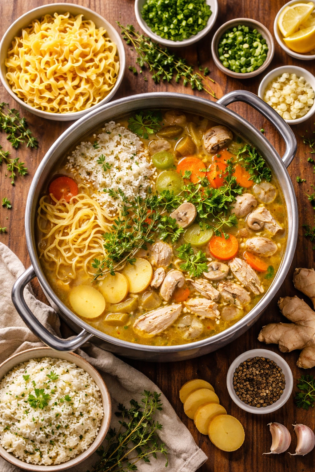 Chicken soup with noodles and rice add-ins visible, showcasing variations.