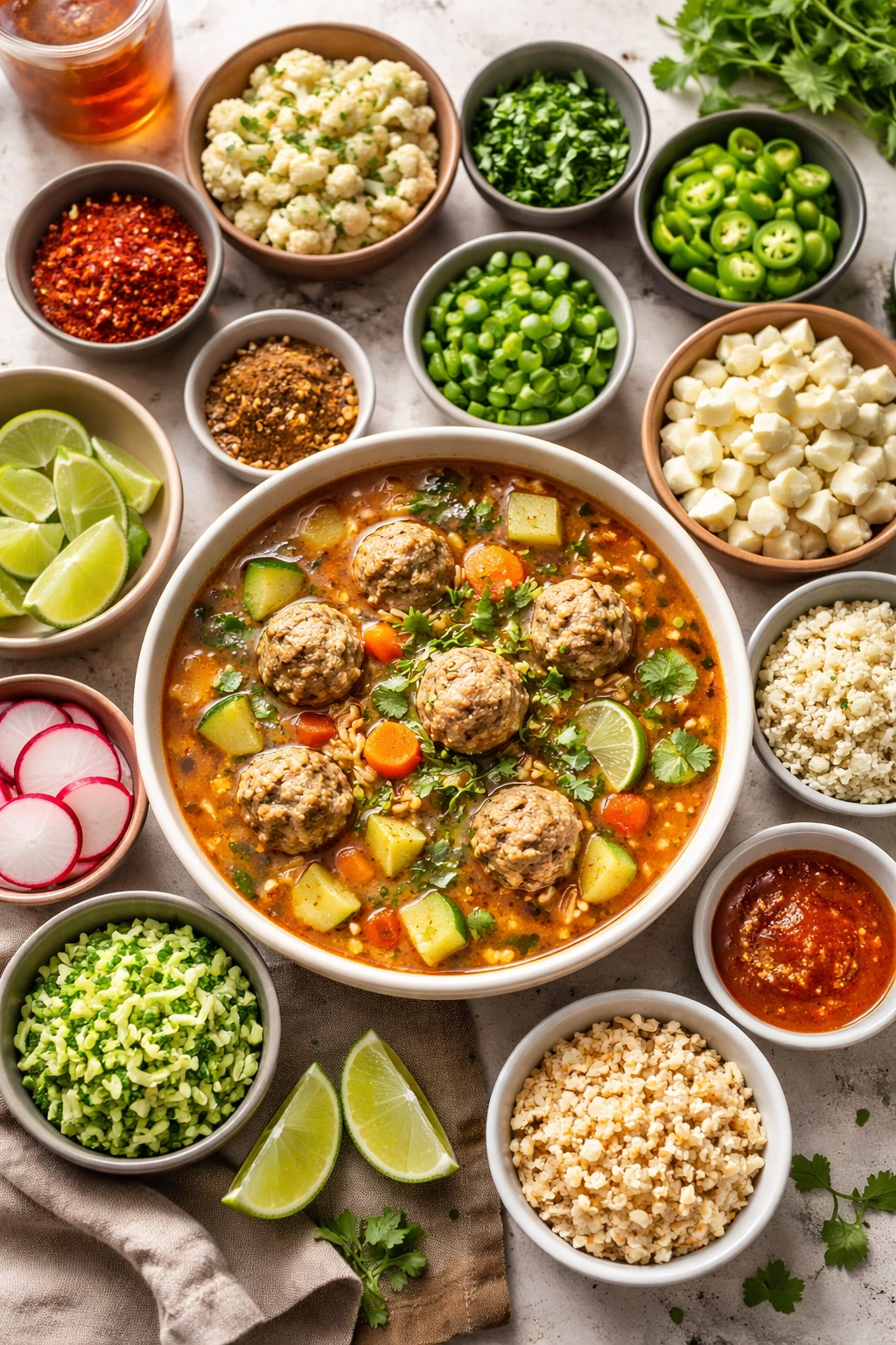 Central bowl of albondigas with variety of garnish options arranged nearby