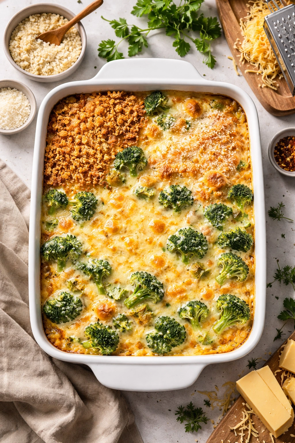 Broccoli cheese bake with crumb topping and parmesan crust