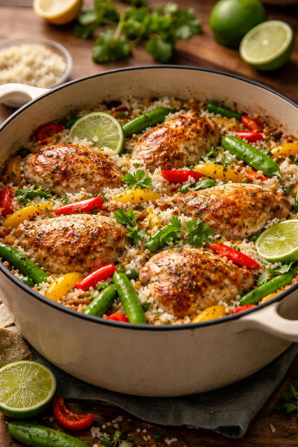 One-pot coconut lime chicken and rice with vegetables for variation