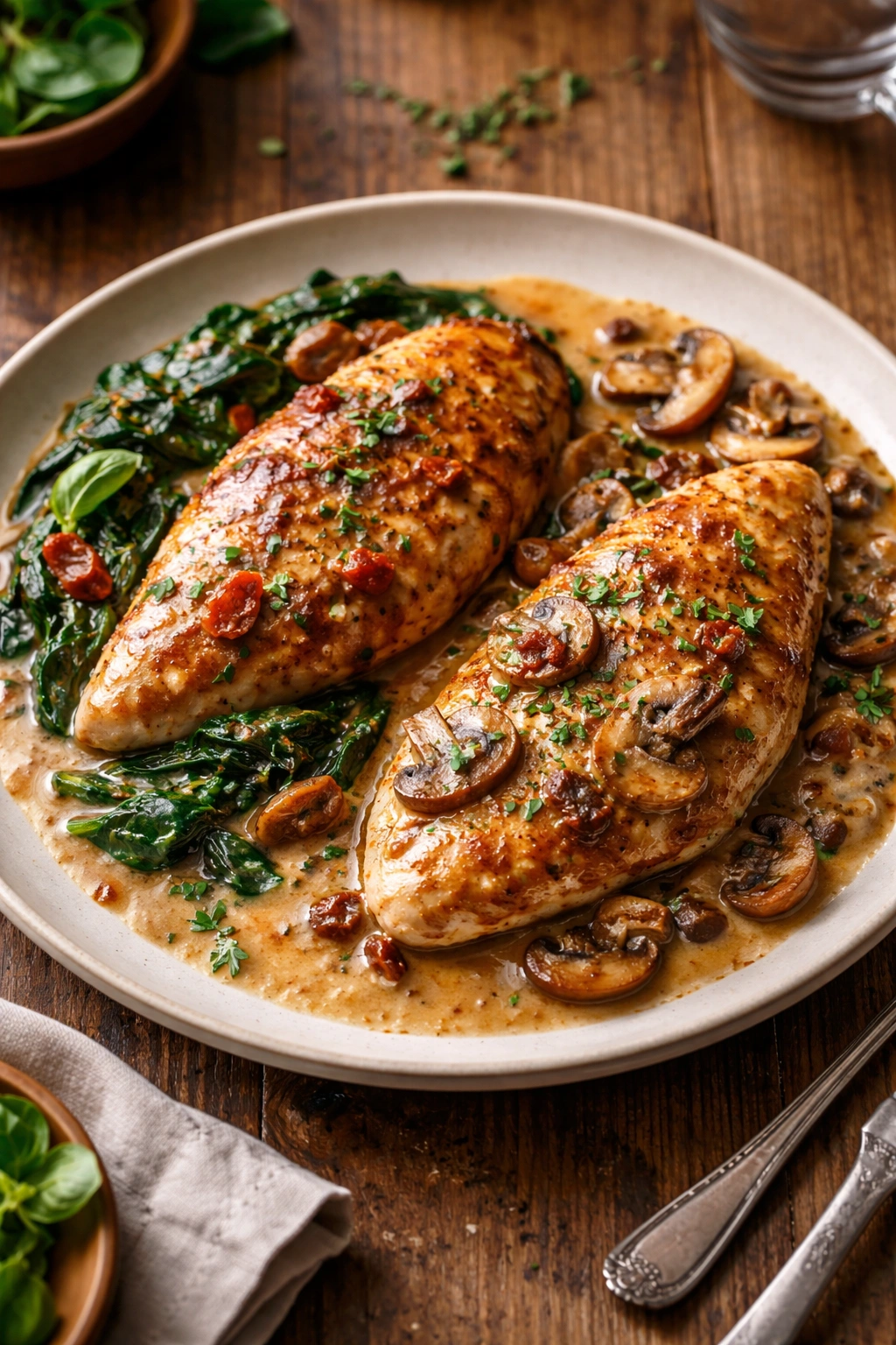 Marry Me Chicken plated with dual garnishes suggesting variations