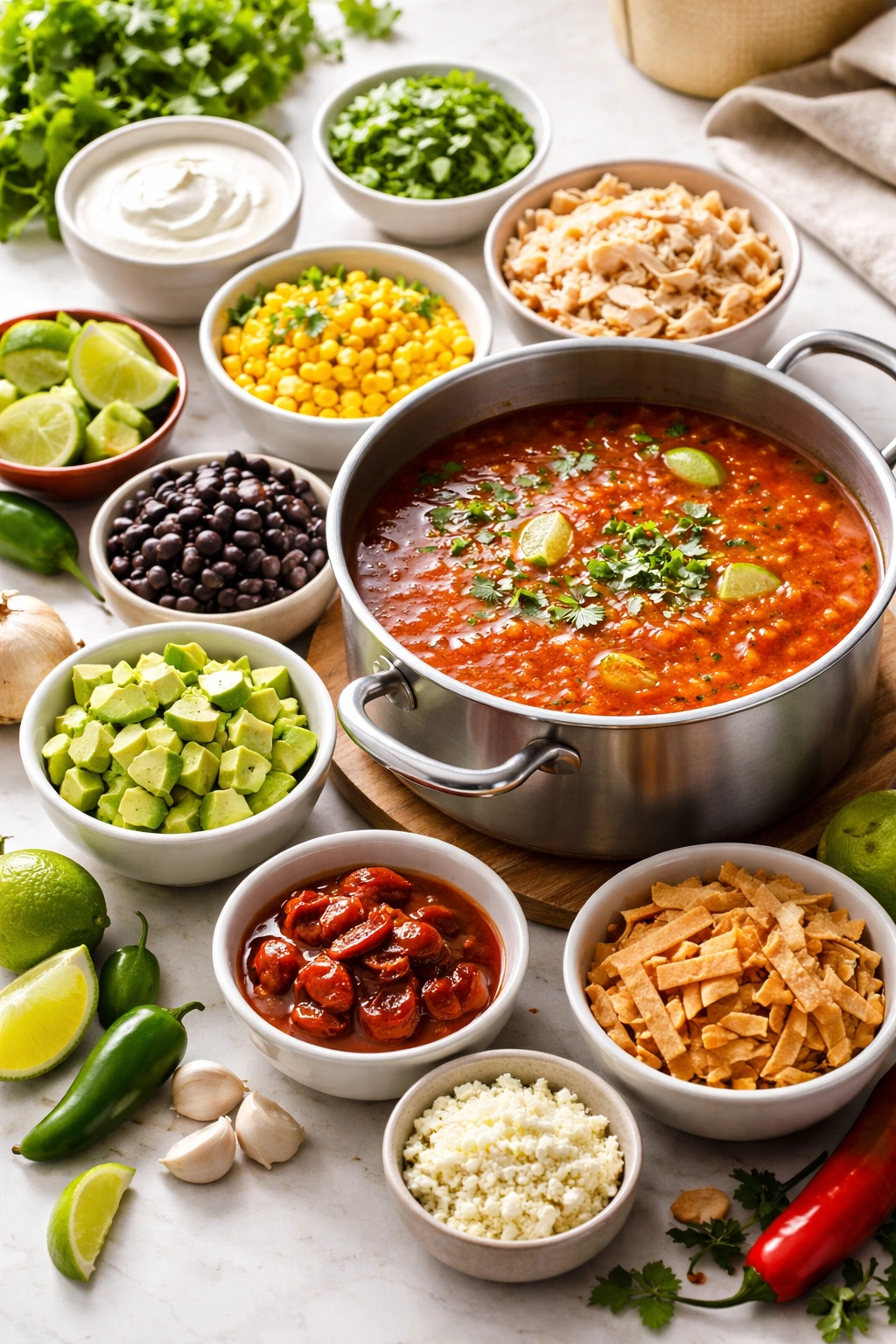 Tomato base with optional add-ins like beans and corn ready for customization