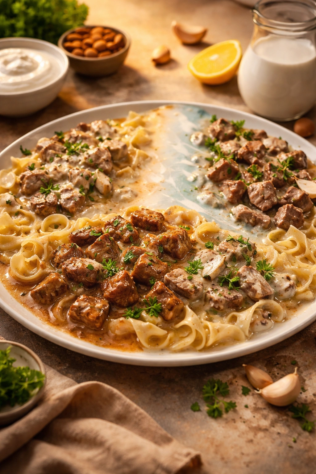 Plate of stroganoff with two-tone sauce suggesting variations
