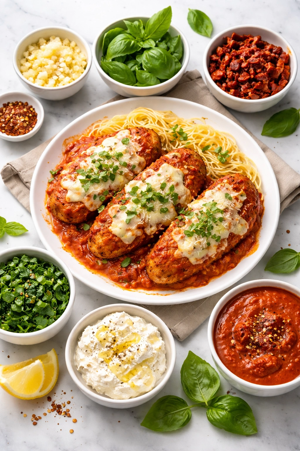 Top-down view of chicken parmesan with garlic, basil, spinach, sun-dried tomatoes and ricotta for variations