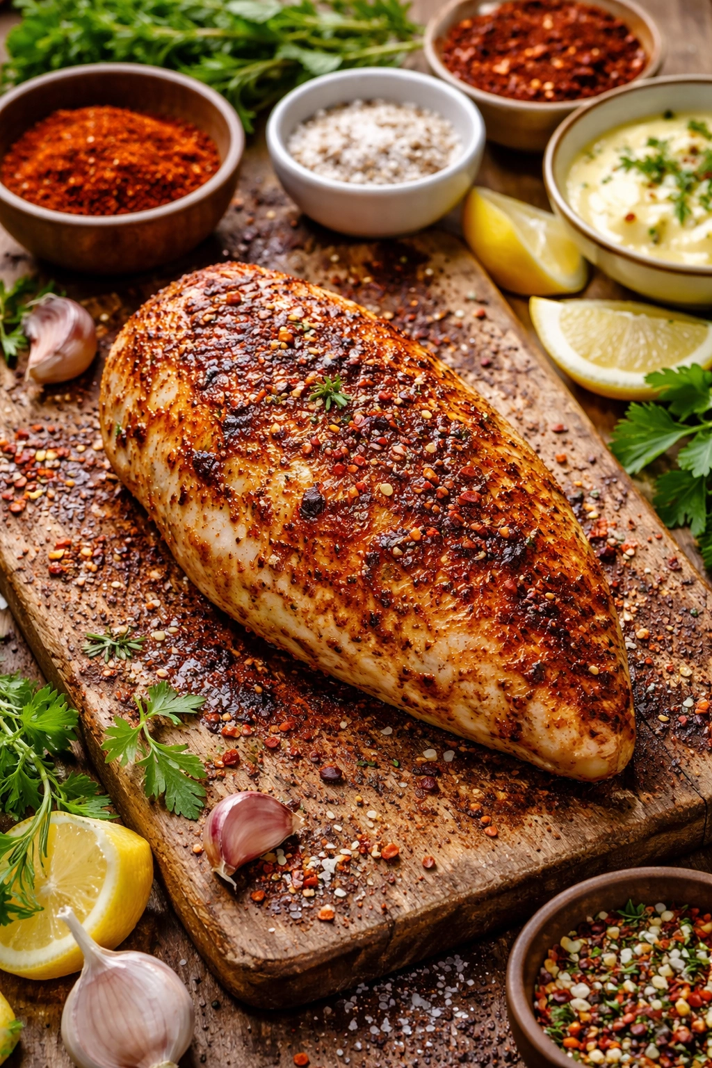 Chicken breast with varied spice rub colors on surface