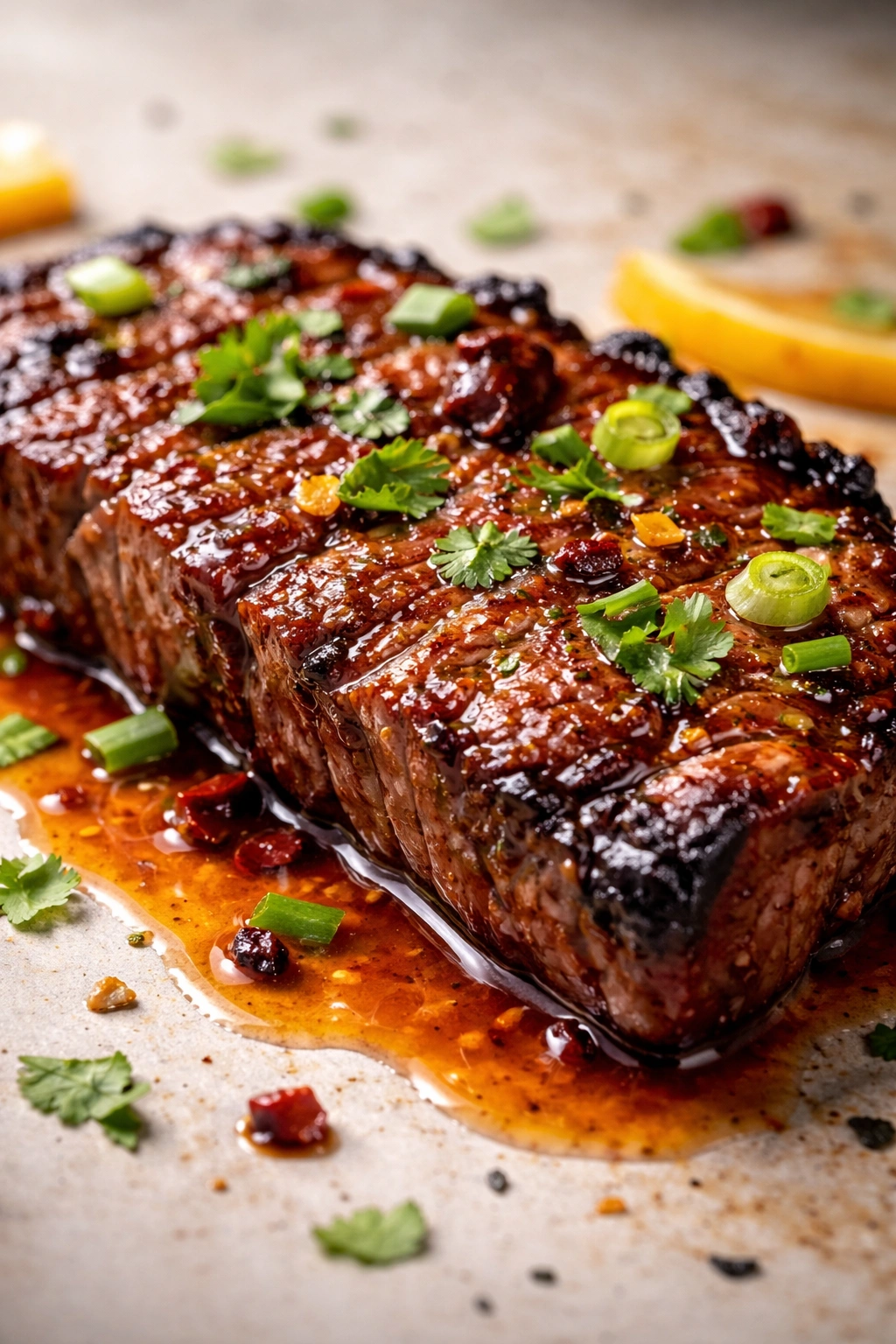 Beef slice with glossy glaze suggesting chipotle or citrus variation