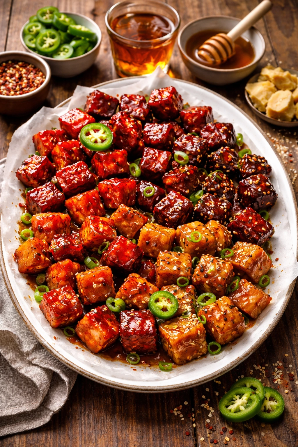 Plate of burnt ends with varied glaze tones and background ingredients hinting at different flavors