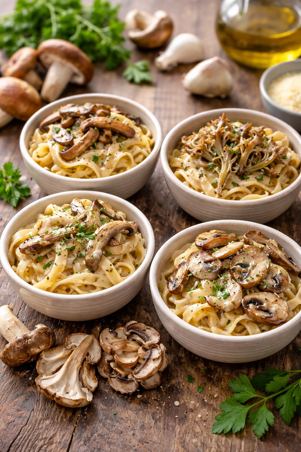 Assorted mushroom pasta variations in small bowls on a rustic wooden board