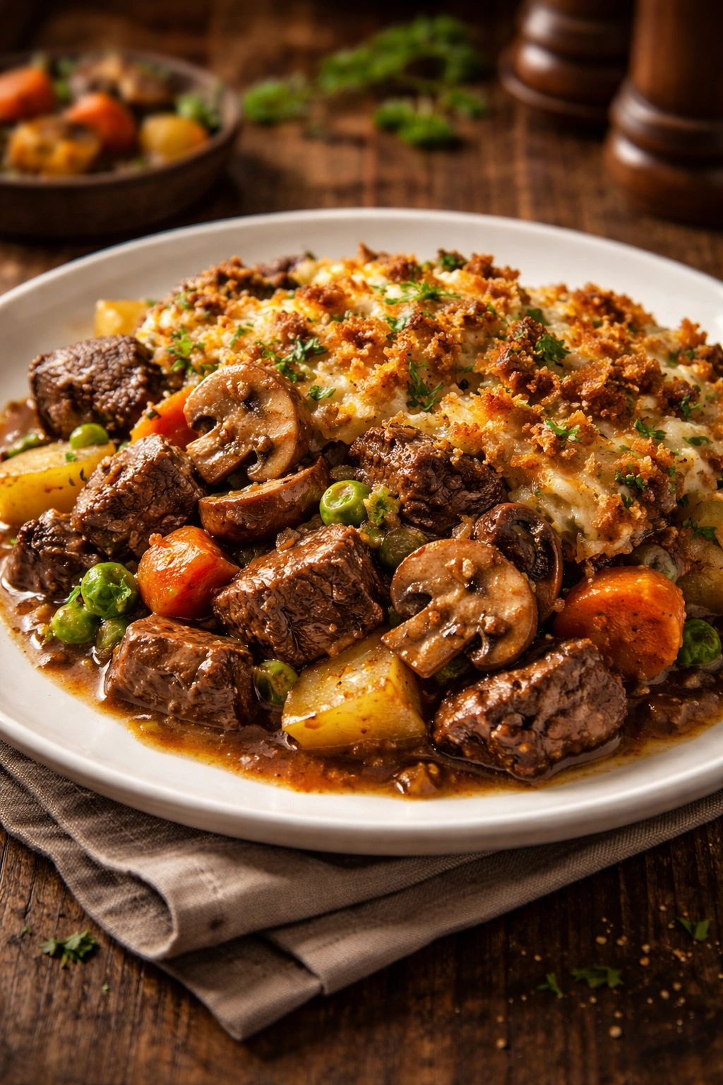 Casserole with mushrooms integrated into topping