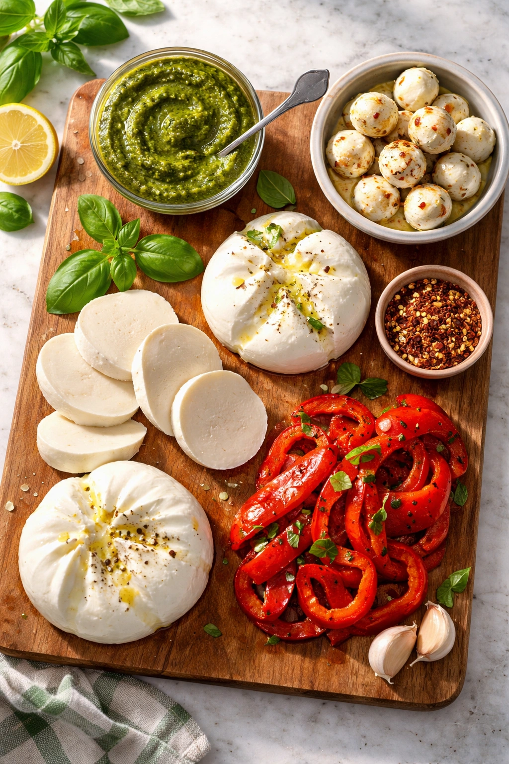 Pesto, roasted peppers, and assorted mozzarella arranged for customization