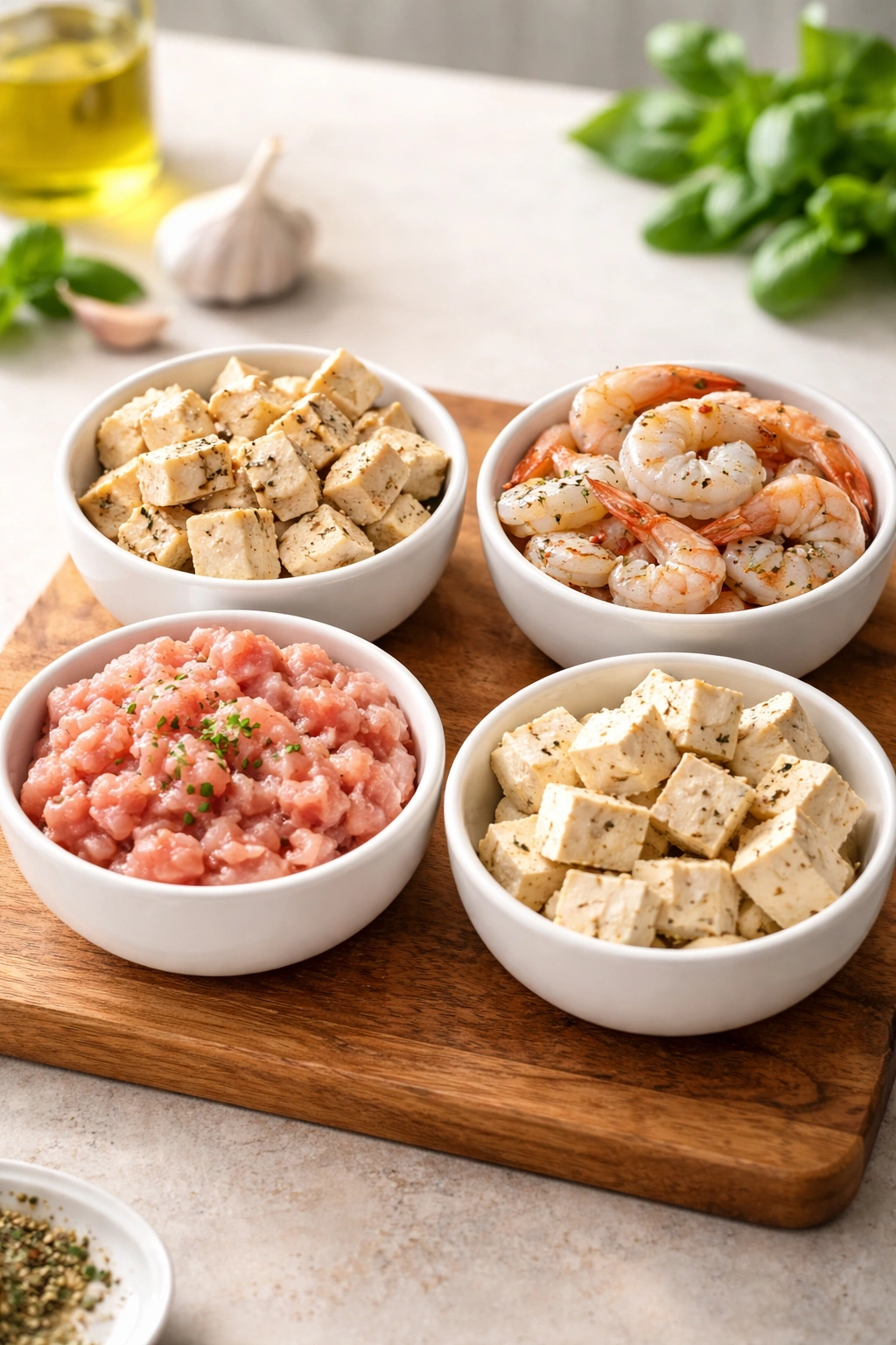Assortment of protein options for recipe variations presented in small bowls