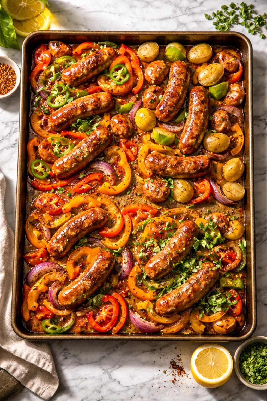 Sheet pan with three variations: spicy, potato-add, and herb finish
