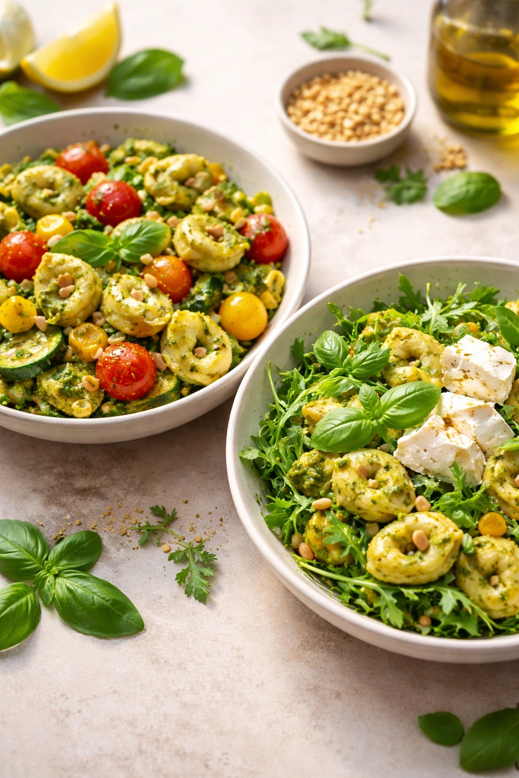 Two bowls showing variations of tortellini pesto salad with different seasonal ingredients