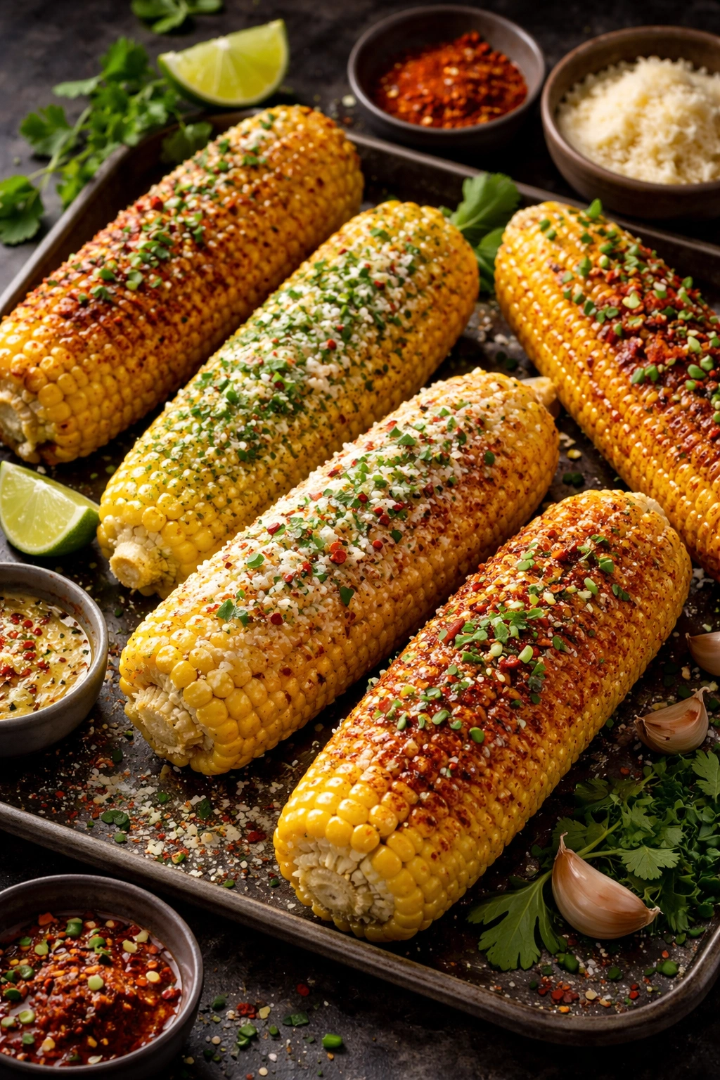 Corn on the cob with Parmesan, paprika, and herb seasoning flecks