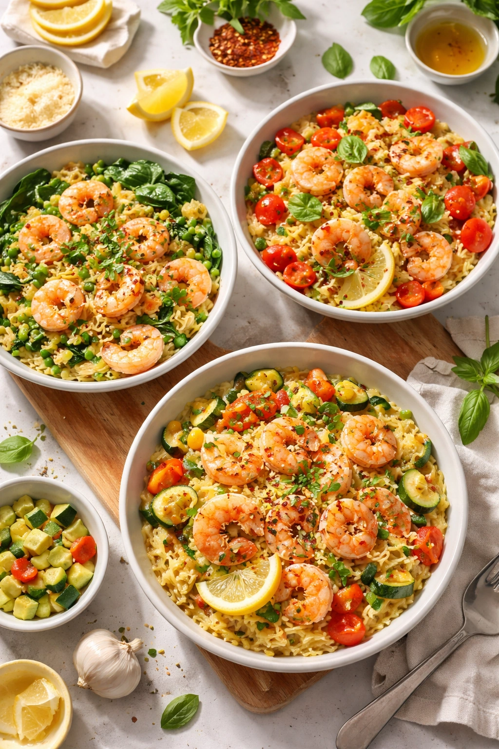 Top-down view of three bowls of lemon shrimp orzo with varied toppings demonstrating recipe variations