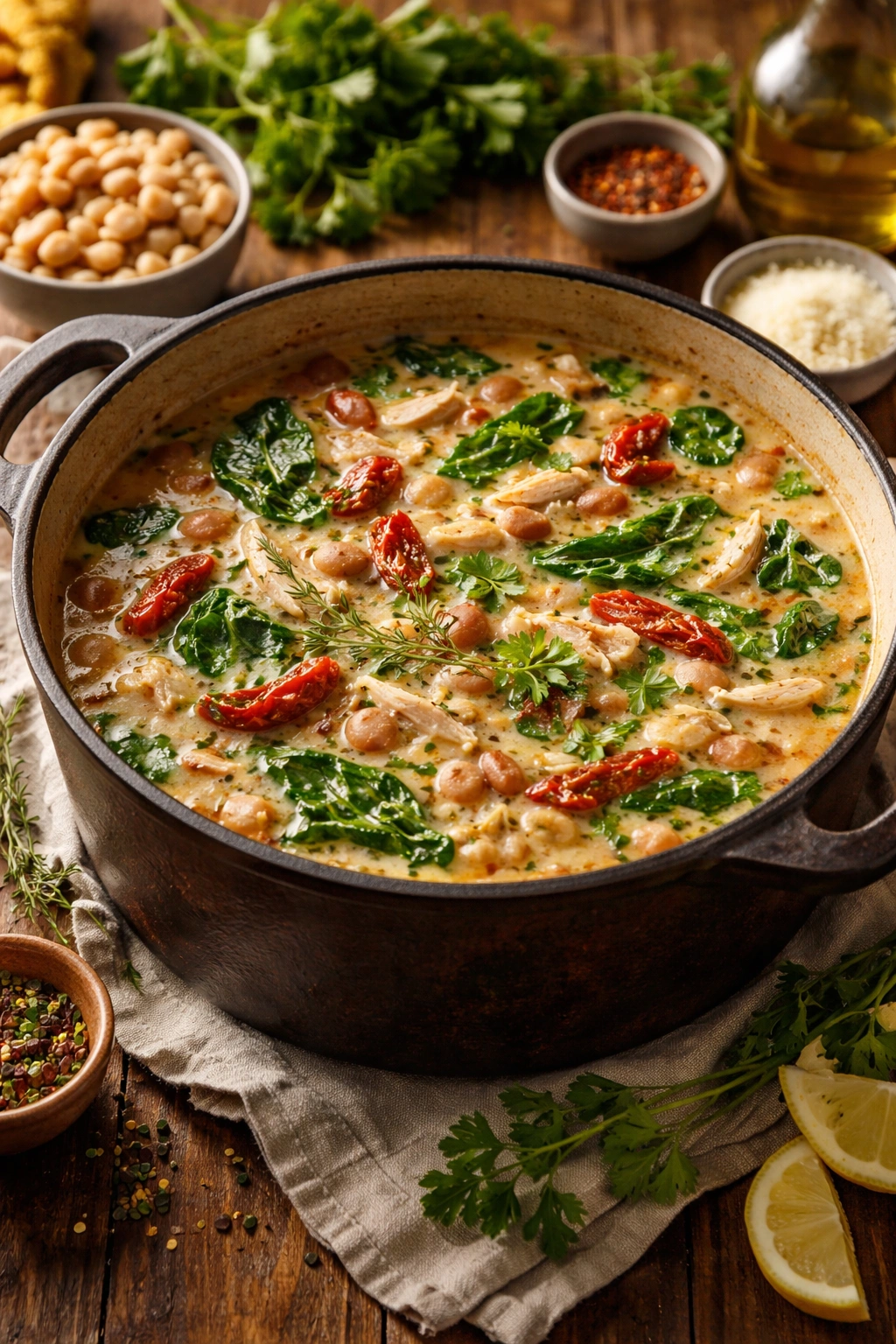 Rustic pot of Tuscan chicken soup with cannellini beans and herbs in creamy broth