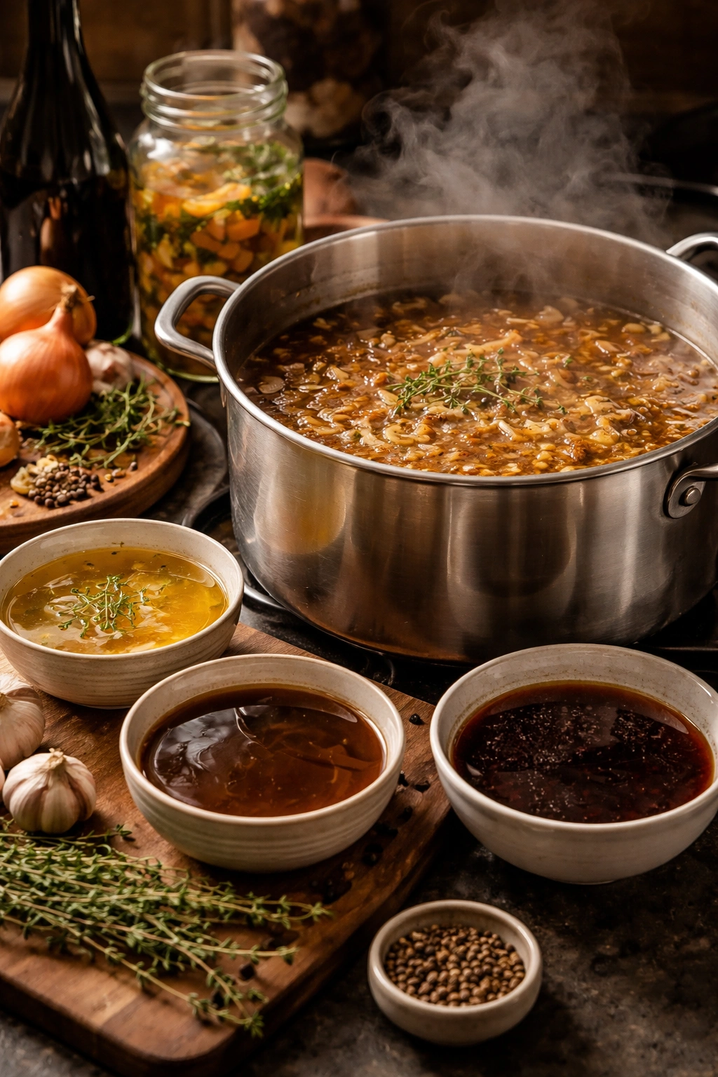 Simmering onion soup with broth variations suggesting adaptability