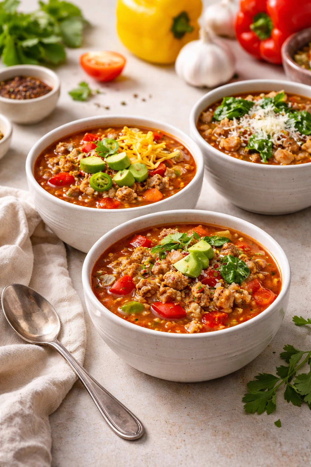 Three bowls showing variations of stuffed pepper soup to illustrate customization
