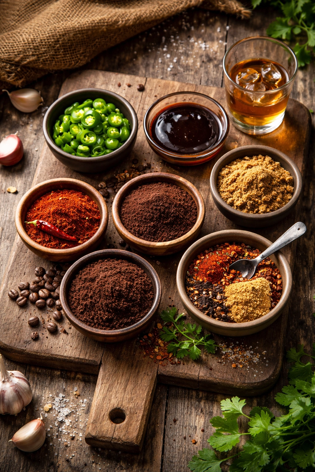 Assortment of flavor add-ins for cowboy pinto beans on a wooden board