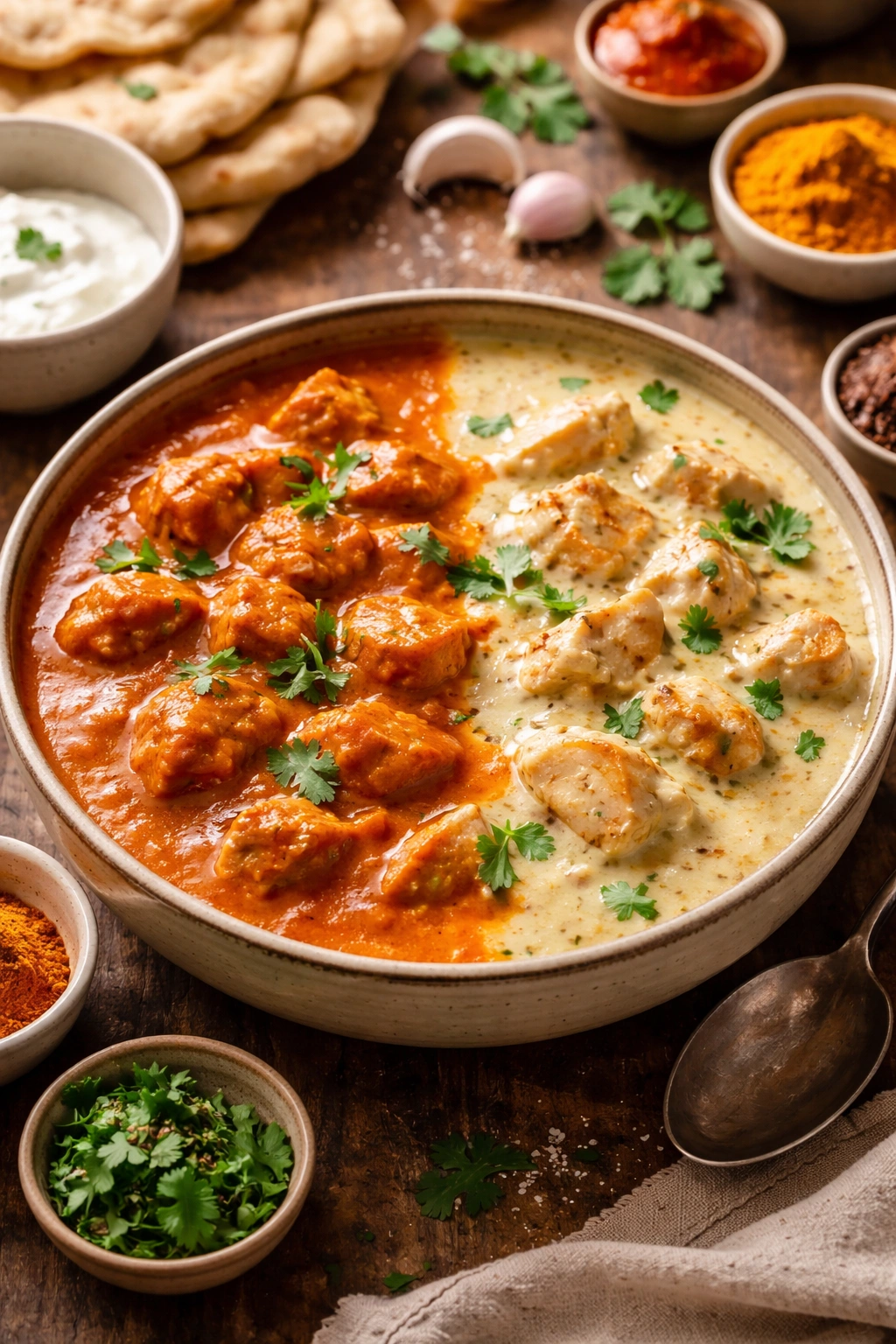 Butter chicken with two sauce variations in one bowl