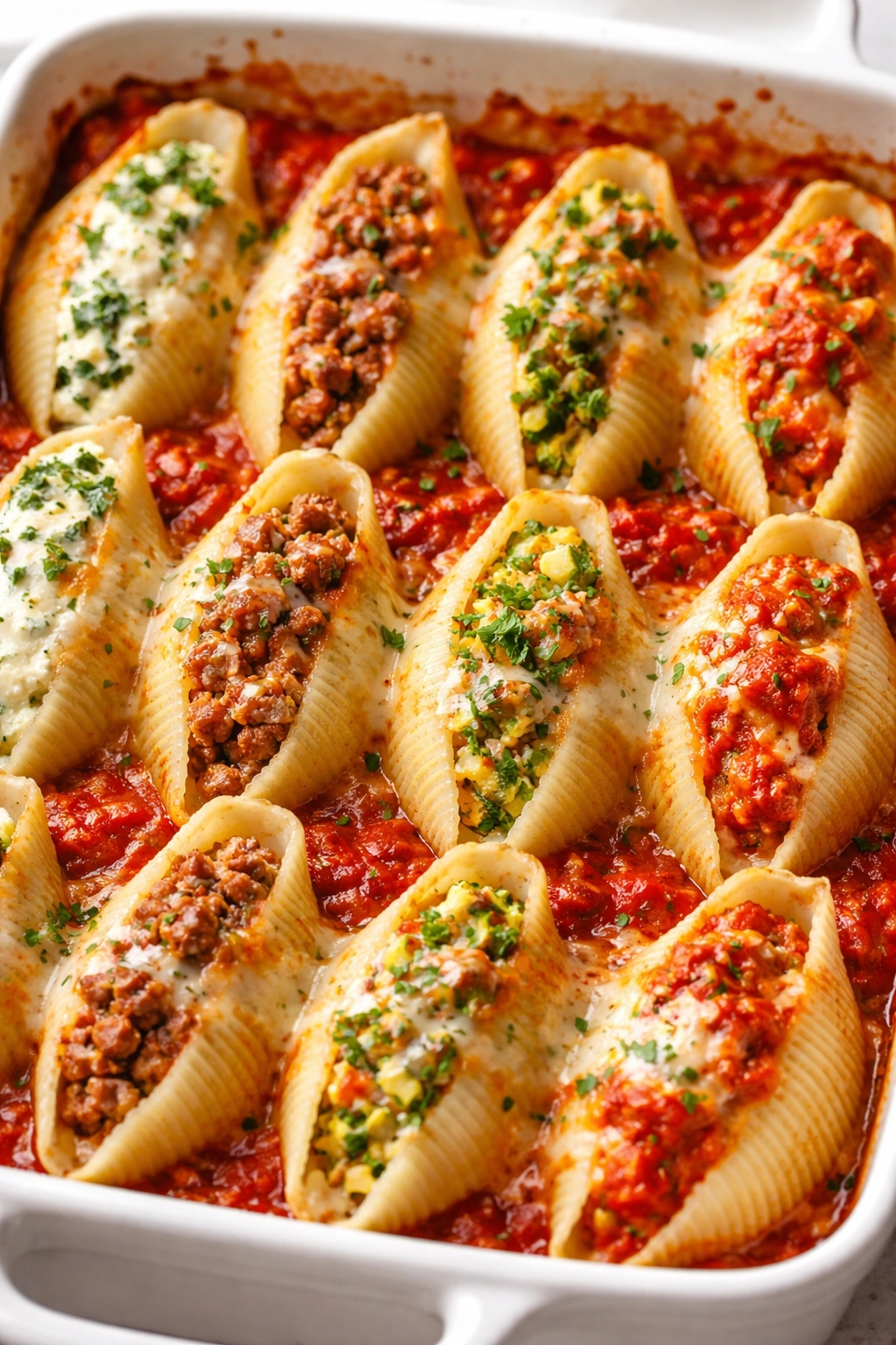 Row of shells with varied fillings visible in each shell.