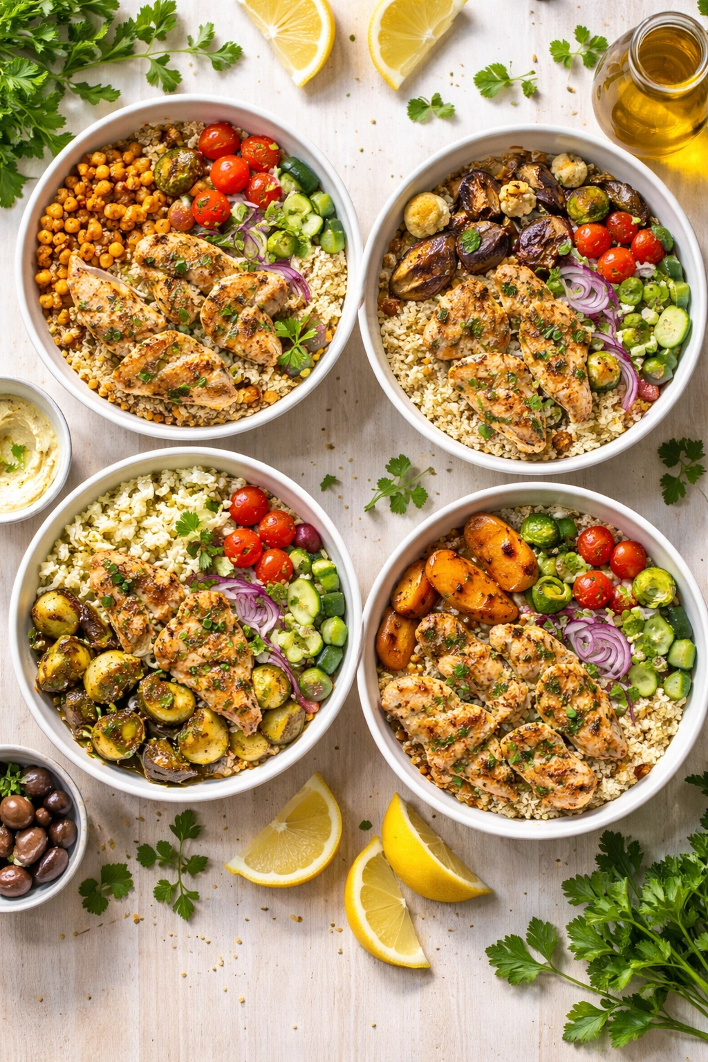 Four Greek chicken bowls with different variations (chickpeas, eggplant/cauli, cauliflower rice, sweet potato) on a light wood surface