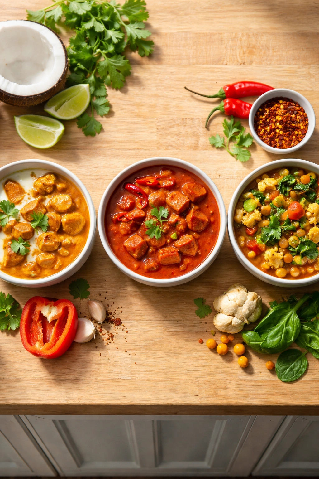 Three bowls with different tikka masala variations