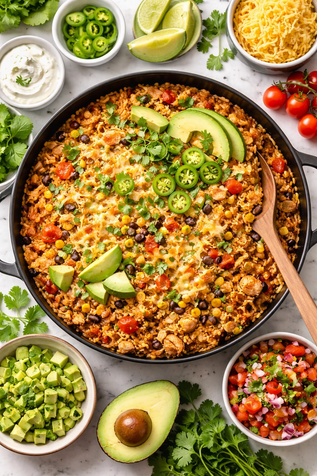 Chicken enchilada rice in a skillet with toppings like jalapeños, cilantro, cheese, avocado, and lime