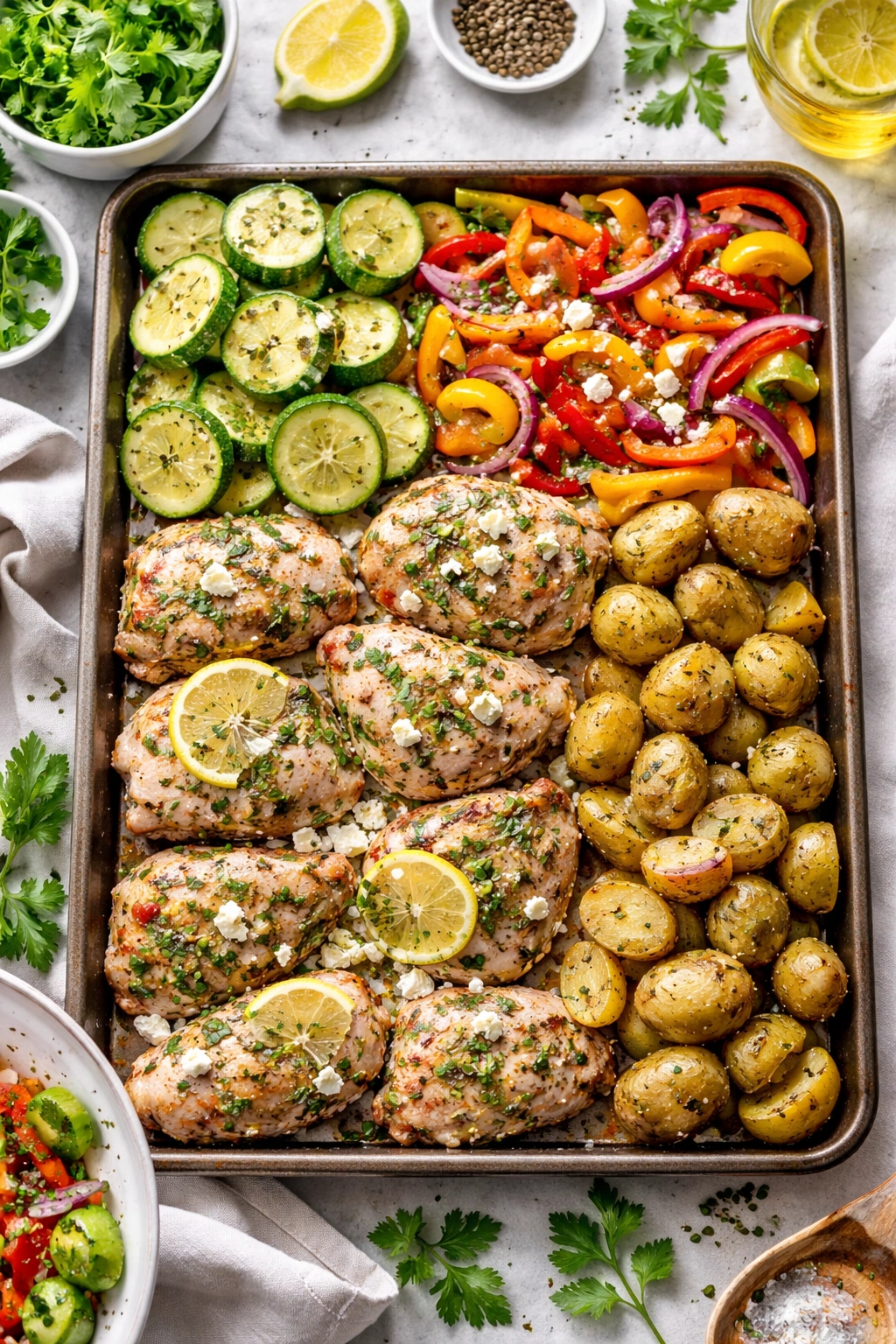 Sheet pan with varied vegetables arranged in sections to show variations
