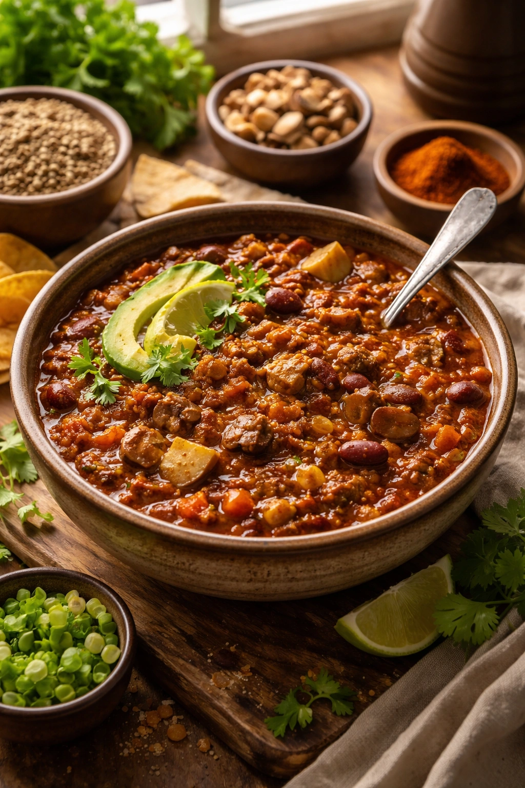 Vegan chili close-up with lentils, mushrooms, and plant-based chunks in a rustic bowl