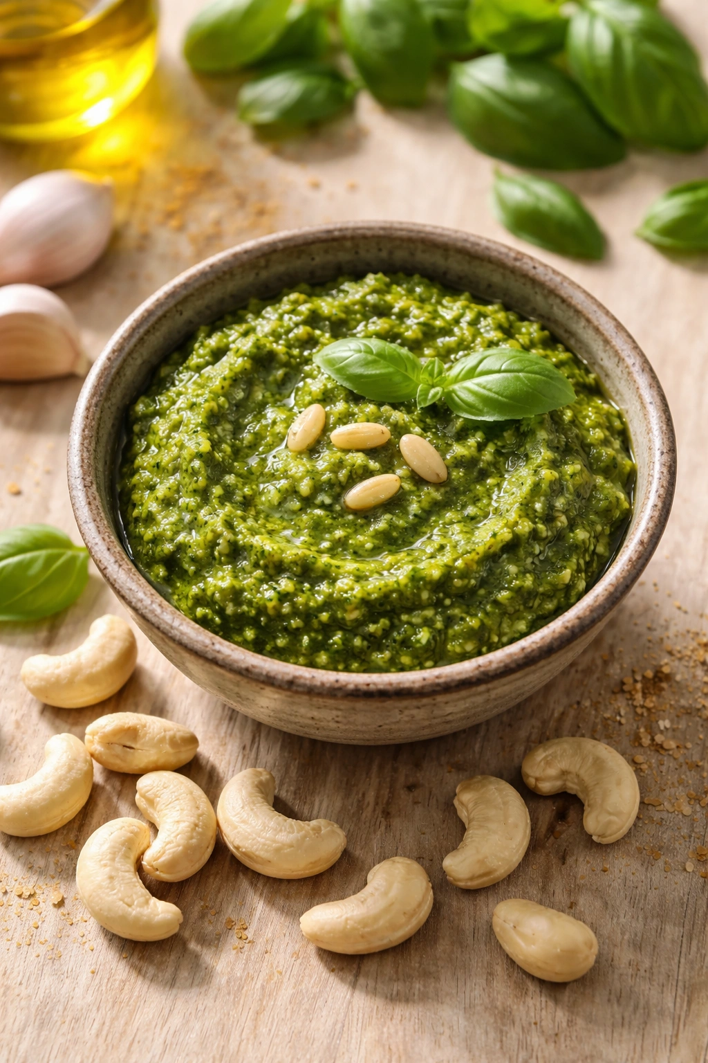 Vegan pesto with cashews around the bowl on a light wooden surface