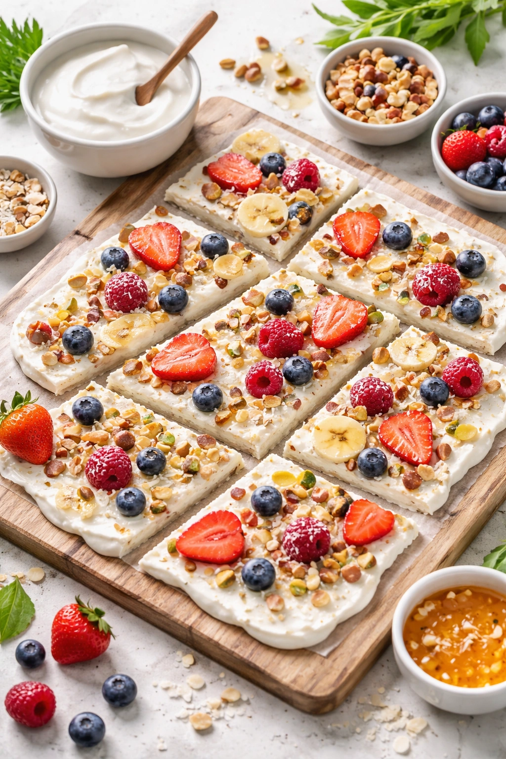 Vegan frozen yogurt bark with colorful toppings on a clean surface