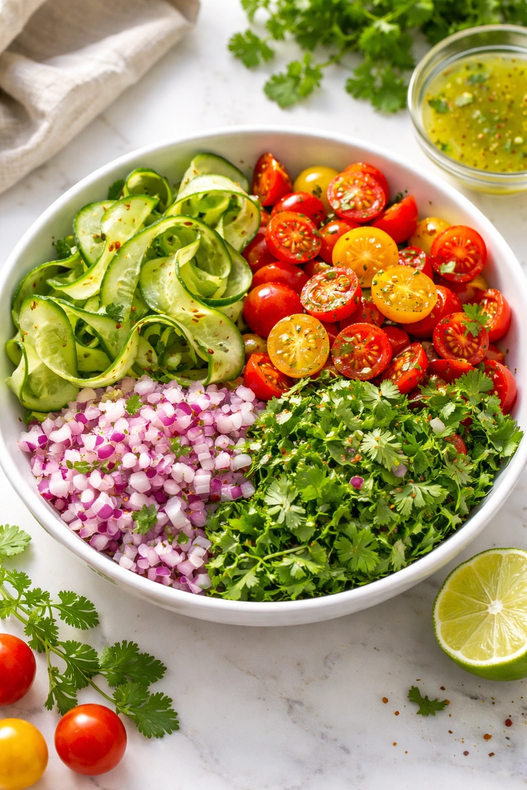 Bowl of fresh vegetables including cucumber, tomatoes, red onion, and cilantro with lime dressing.