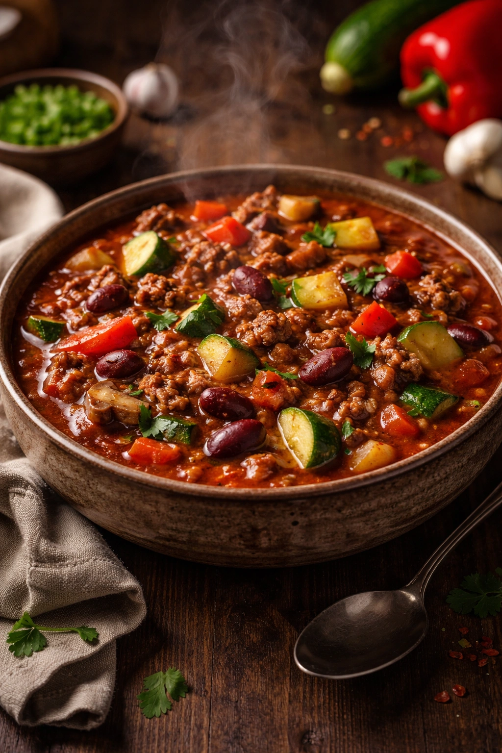 Chunky vegetable chili in a rustic bowl, lean beef and beans, healthy lowcalorie
