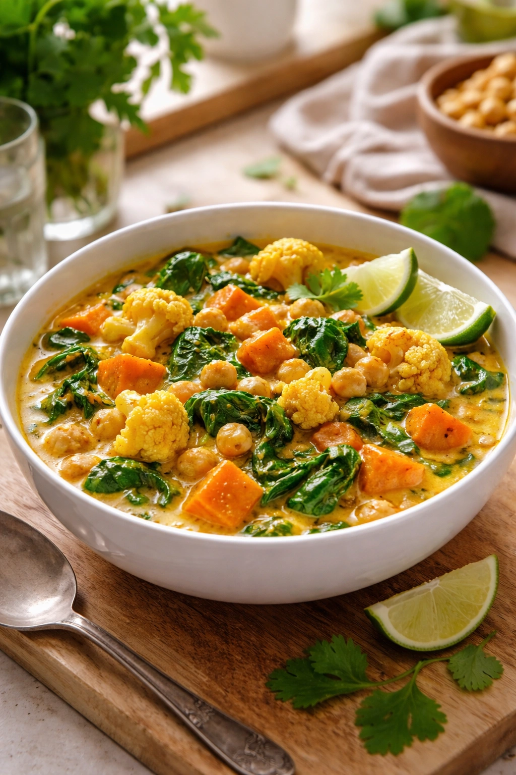 Colorful vegetable curry bowl with cauliflower and chickpeas
