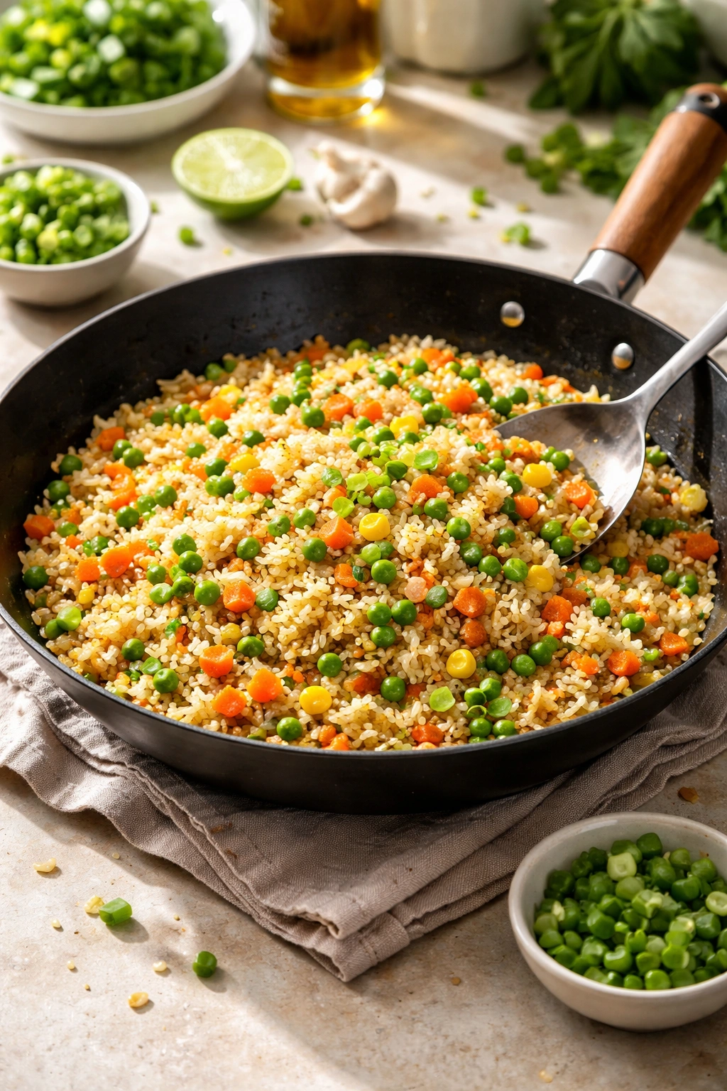 Colorful vegetable fried rice with peas and carrots in a wok
