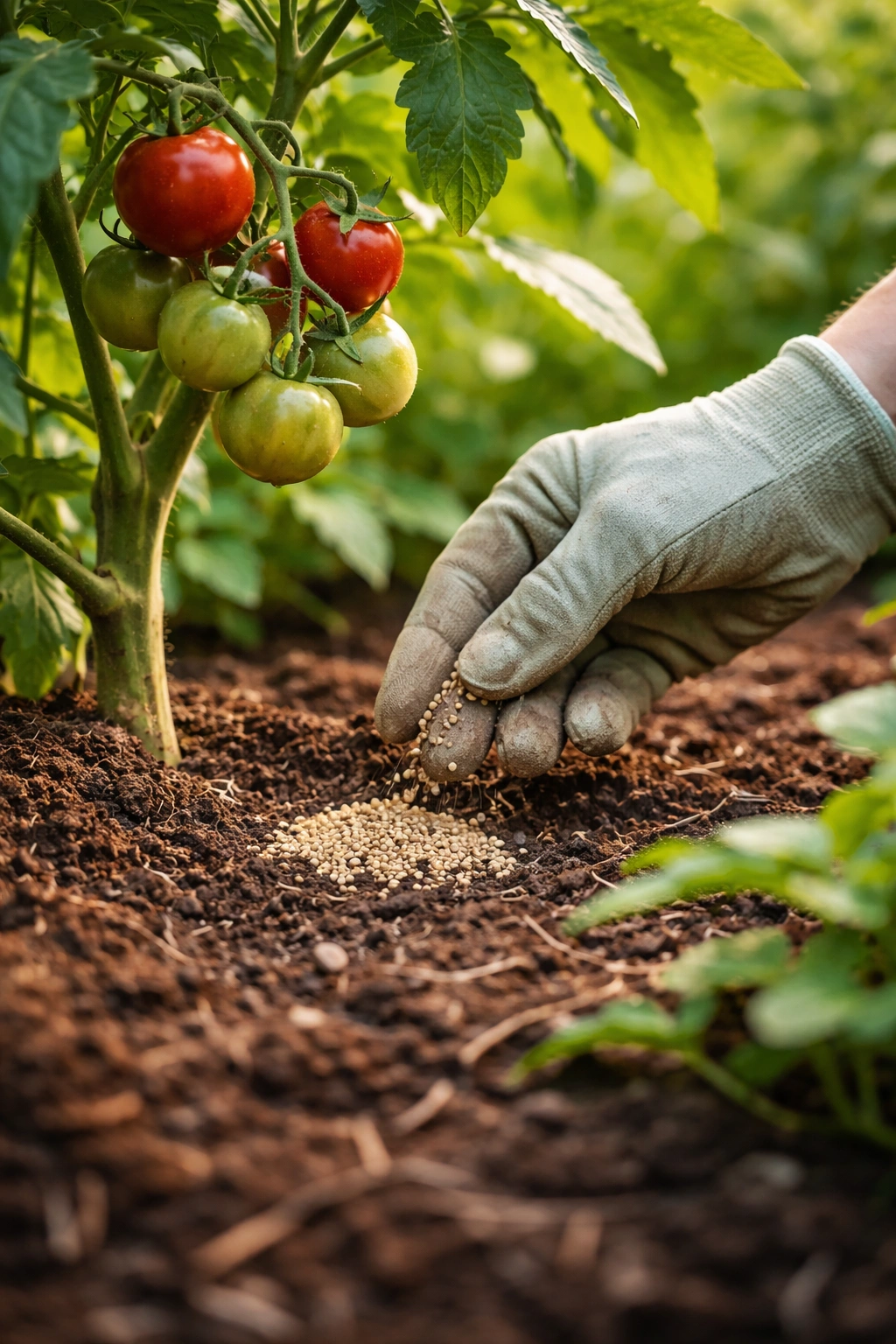 Gloved hand placing granular ant bait at tomato plant base in vegetable garden