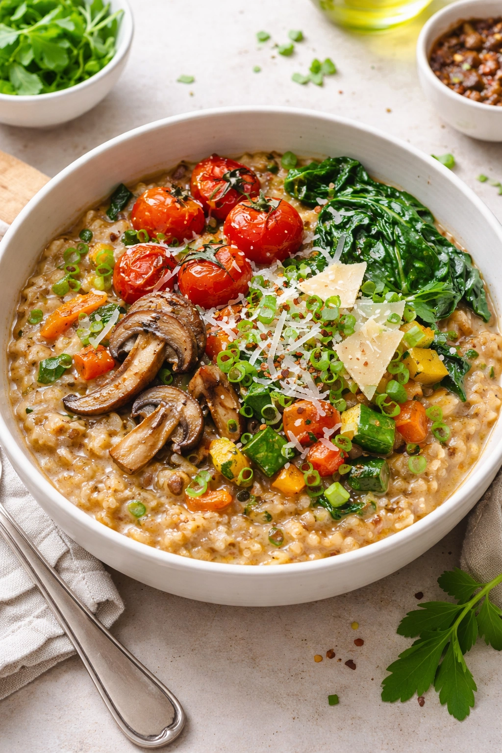 Oatmeal bowl topped with roasted tomatoes mushrooms greens parmesan