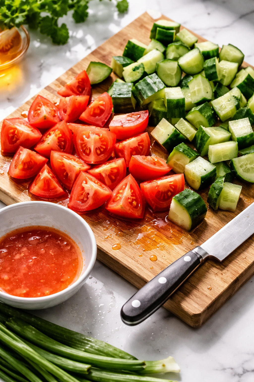 Tomatoes and cucumbers cut into chunks on a cutting board
