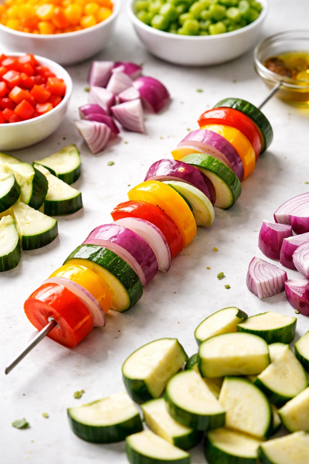 Skewer with peppers, onions, and zucchini on a plain background