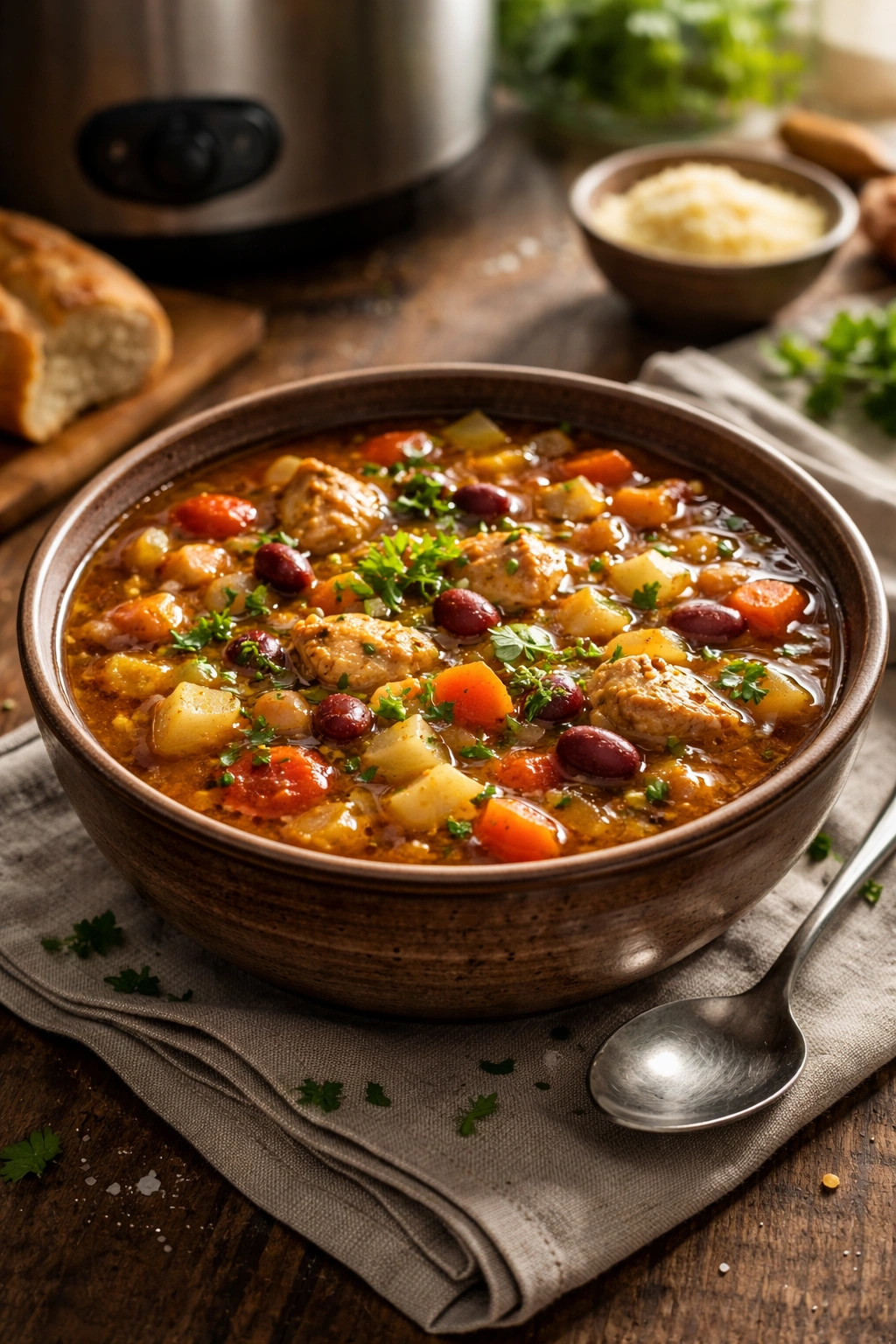 Steaming bowl of hearty vegetable soup with beans and vegetables.