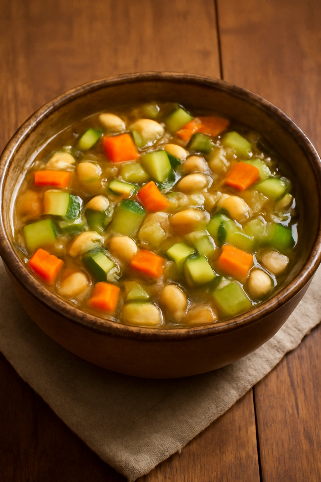 Bowl of vegetable soup with white beans and vegetables.